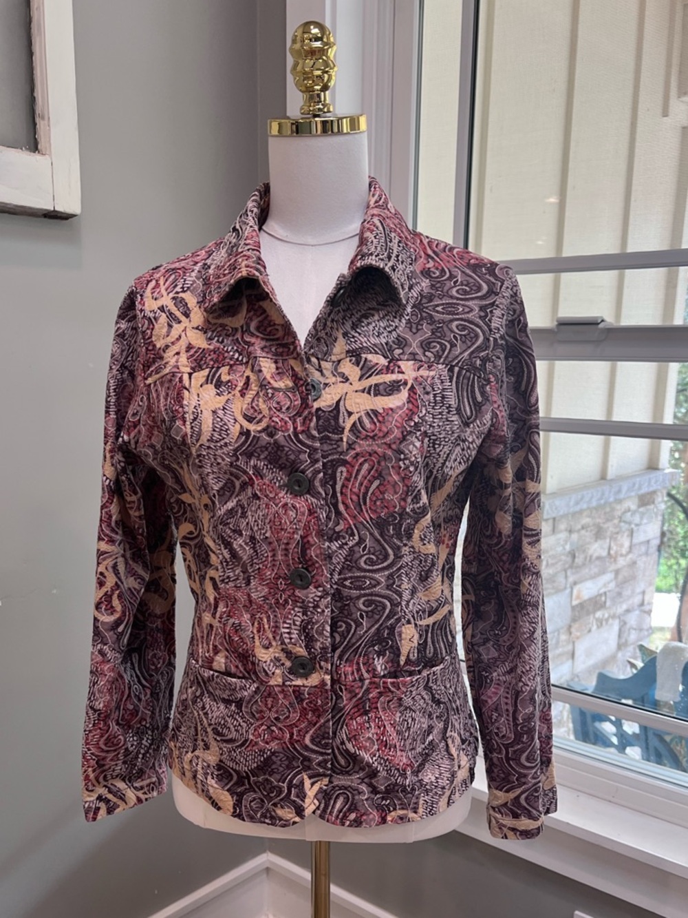 Analog Multicolor Paisley Button-Front Blazer in Burgundy and Cream